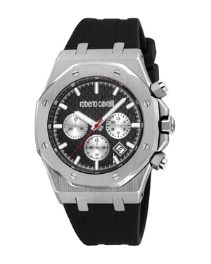 ROBERTO CAVALLI Men Watch, Silver Color Case, Black Dial, Black Silicone Strap, Chronograph, 3 ATM