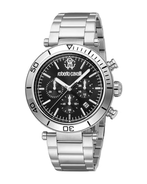 ROBERTO CAVALLI Men Watch, Silver Color Case, Black Dial, Stainless Steel Metal Bracelet, Chronograph, 10 ATM