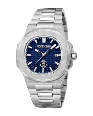 ROBERTO CAVALLI Men Watch, Silver Color Case, Dark Blue Dial, Stainless Steel Metal Bracelet, 3 Hands Date, 3 ATM