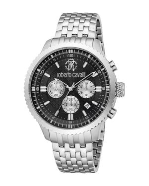 ROBERTO CAVALLI Men Watch, Silver Color Case, Black Dial, Stainless Steel Metal Bracelet, Chronograph, 10 ATM