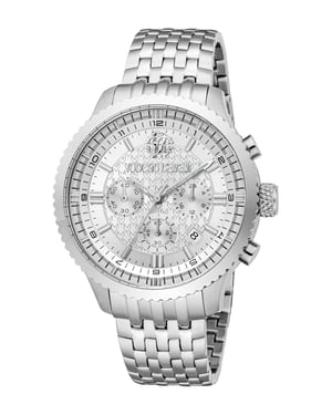 ROBERTO CAVALLI Men Watch, Silver Color Case, Silver Dial, Stainless Steel Metal Bracelet, Chronograph, 10 ATM