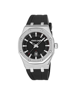ROBERTO CAVALLI Men Watch, Silver Color Case, Black Dial, Black Silicone Strap, 3 Hands Date, 3 ATM