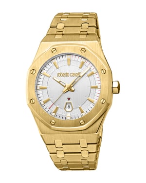 ROBERTO CAVALLI Men Watch, Gold Color Case, Silver Dial, Gold Color Metal Bracelet, 3 Hands Date, 3 ATM