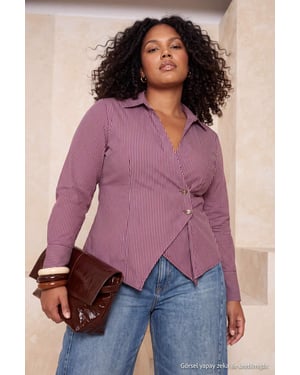Trendyol Curve Dames Bordeaux Gestreept Lang Getailleerd Grote maten Overhemden