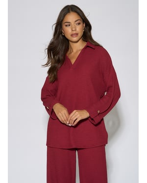 Mulberry Textured V Neck Roll Up Sleeves Top