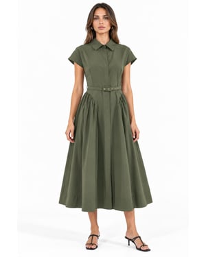 Belted Midi Dress with Shirt Collar