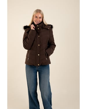 Brown Quilted Jacket With Faux Fur Trim Hood