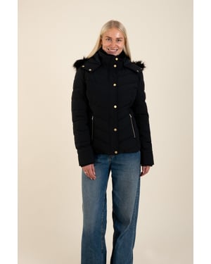 Black Quilted Jacket With Faux Fur Trim Hood