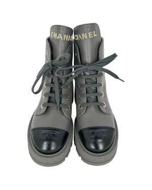 Chanel CC Lace-Up Combat Boots in Grey Leather