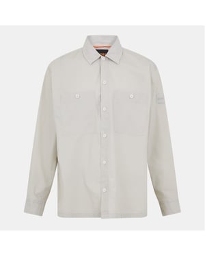 Men's Boss Solid Snap Button Shirt Collared Barrel Cuff Overshirt in Light Beige 271