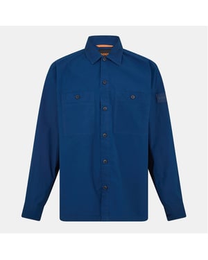 Men's Boss Solid Snap Button Shirt Collared Barrel Cuff Overshirt in Open Blue 466