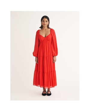 Women's Nobodys Child Char Sweetheart Neck Midi Tiered Dress in Red
