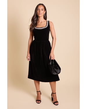 Petite Velvet Embellished Neckline Structured Midi Dress