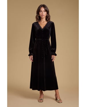 Velvet Lace Trim Button Through Midi Dress