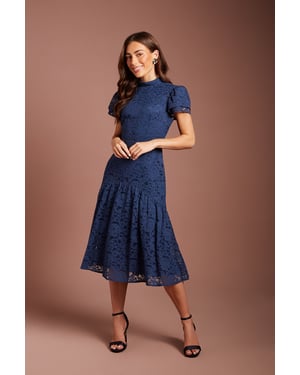 Lace Frill Sleeve High Neck Midi Dress