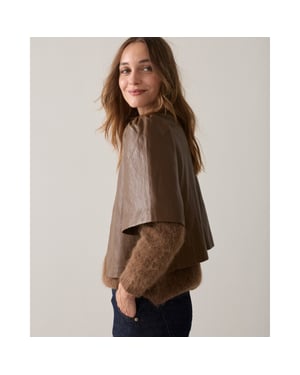 Summum 2s3578-12526 756 puff sleeve top soft faux leather sepia brown