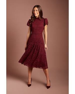 Lace Frill Sleeve High Neck Midi Dress