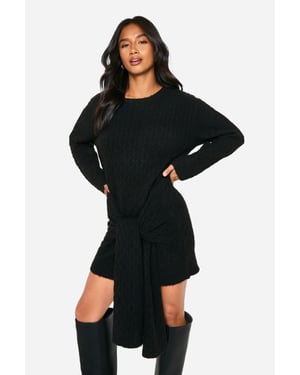 Petite Soft Cable Oversized Tie Detail Knitted Mini Dress