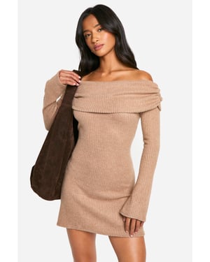 Petite Brushed Rib Foldover Bardot Mini Dress