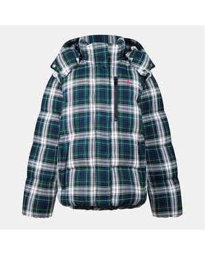 Women's Ralph Lauren Ralph Plaid Patterned Hooded Puffer Coat with Chest Pocket in Evergreen Zest