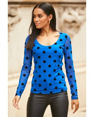 Cobalt Blue & Black Spot Print Mesh Top