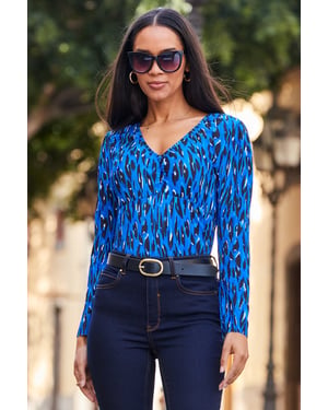 Blue & Black Leopard Print Plisse Twist Front Top