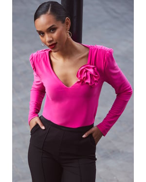 Hot Pink Corsage Detail Ruched Shoulder Top