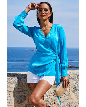 Aqua Blue Satin Jacquard Longline Wrap Top
