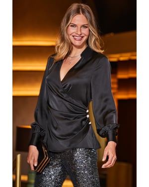 Black Satin Button Detail Wrap Top