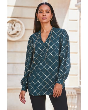 Green & Gold Check Print Chain Lace Up Blouse