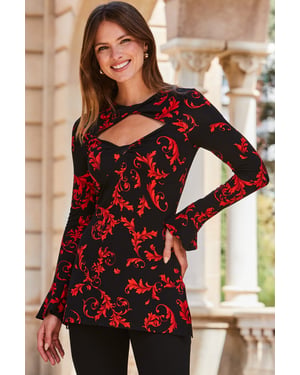 Black & Red Baroque Print Keyhole Detail Fluted Cuff Jersey Top