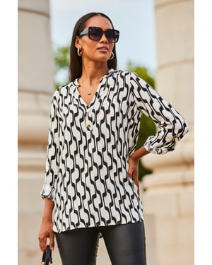 White & Black Geometric Print Button Detail Tunic Top