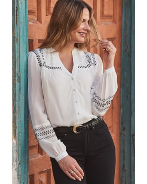 Ivory Embroidered Stitch Detail Blouse