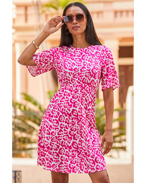 Pink Animal Print Fluted Sleeve Fit & Flare Dress