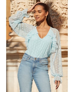Blue Spot Print Ruffle Detail Mesh Blouse
