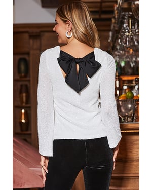 Winter White Sequin Top With Black Bow Detail