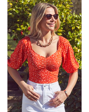 Red & White Ditsy Print Sweetheart Neckline Top