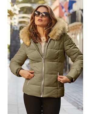 Khaki Green Faux Fur Trim Luxe Padded Coat With Silver Zip Pockets