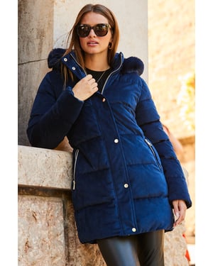 Navy Blue Luxe Velvet Padded Coat