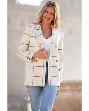 Ivory Check Double Breasted Longline Blazer