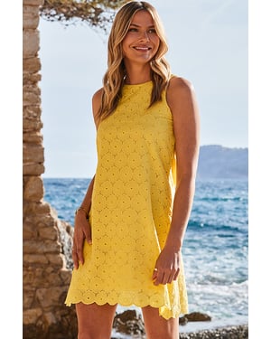 Yellow Scallop Hem Broderie Cotton Shift Dress