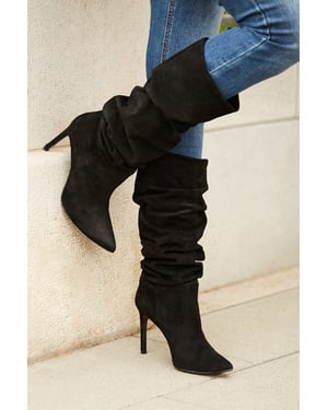 Belle Black Suede Heeled Slouch High Leg Boot