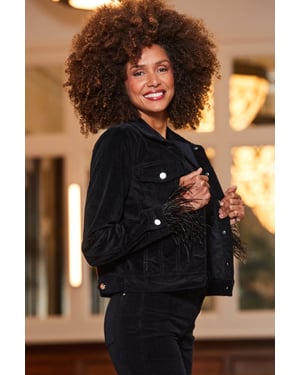 Black Velvet Denim Jacket With Feather Trim