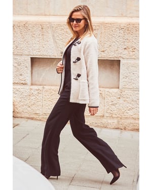 Cream Collarless Super Cosy Borg Coat With Faux Leather Toggle