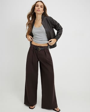 River Island Womens Wide Leg Jeans Brown Belted Pleated