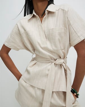 River Island Womens Top Cream Linen Look Belted Short Sleeve