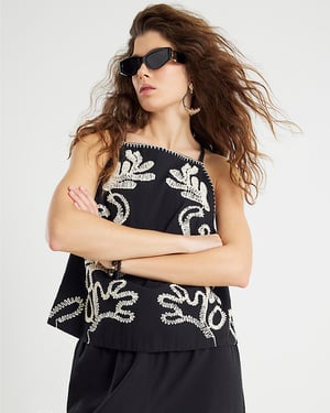 River Island Womens Tank Top Black Embroidered Button Sleeveless