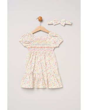 Ditsy Embroidered Smocked Dress with Headband