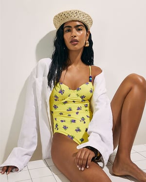 River Island Womens Swimsuit Yellow Floral Underwired