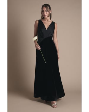 Velvet Contrast V Neck Full Skirt Maxi Bridesmaid Dress
